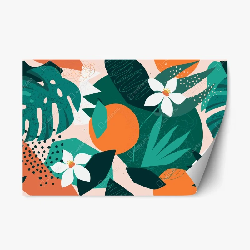 Pegatina reposicionable arte mural tropical con naranjas y flores