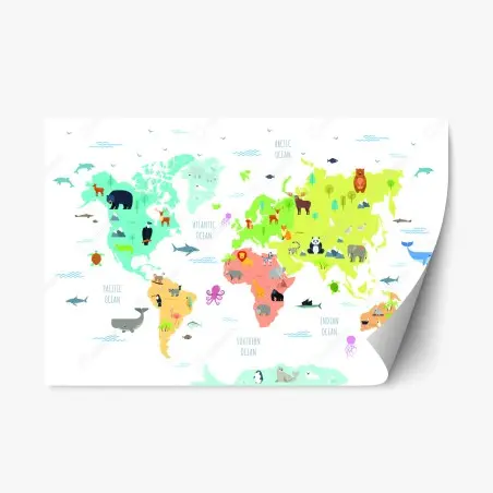Pegatina reposicionable mapa del mundo ilustrado con animales – Pixers®