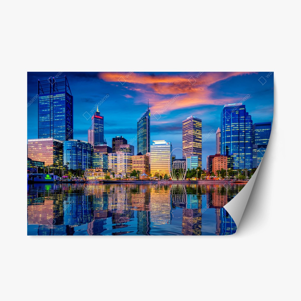 Pegatina reposicionable puesta de sol en Perth: skyline reflejado sobre el río – Pixers®