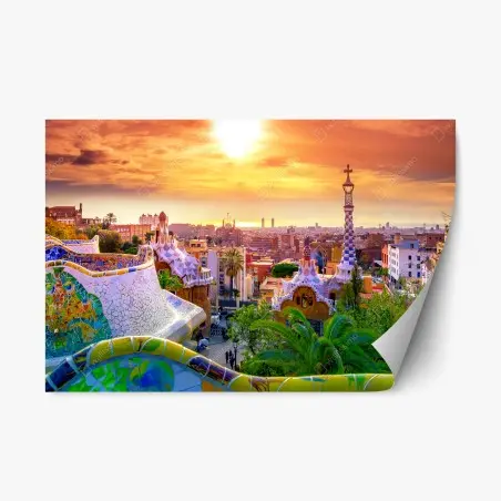 Pegatina reposicionable atardecer sobre Parque Güell, Barcelona – Pixers®