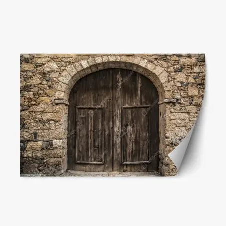 Pegatina reposicionable puerta rústica de madera con arco de piedra – Pixers®