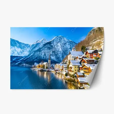 Pegatina reposicionable paisaje invernal de Hallstatt junto al lago – Pixers®