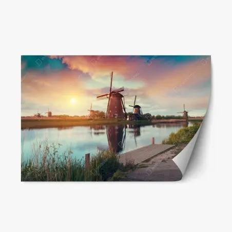 Pegatina reposicionable paisaje de molinos al atardecer con reflejos en el agua – Pixers®