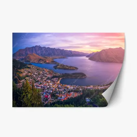 Pegatina reposicionable puesta de sol sobre Queenstown: panorama aéreo – Pixers®