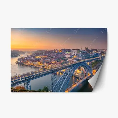 Pegatina reposicionable puesta de sol en Oporto con puente iluminado – Pixers®