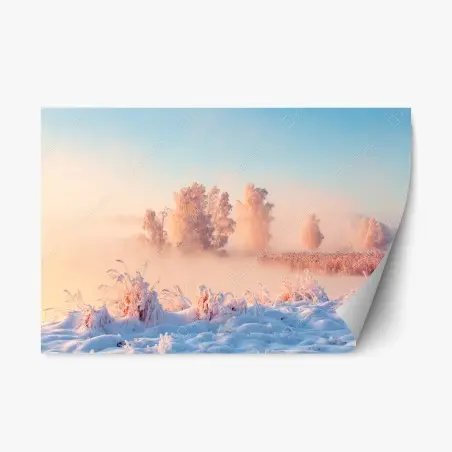 Pegatina reposicionable amanecer rosa sobre pradera nevada – Pixers®