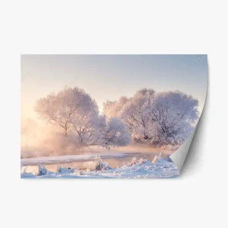 Pegatina reposicionable amanecer invernal con árboles cubiertos de escarcha – Pixers®