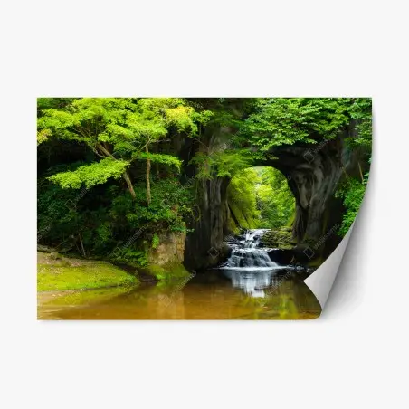 Pegatina reposicionable arco natural con cascada en bosque verde – Pixers®