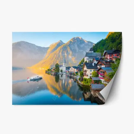 Pegatina reposicionable amanecer en Hallstatt: tranquila vista al lago – Pixers®