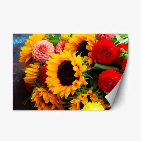 Pegatina reposicionable explosión floral: girasoles y dalias vibrantes – Pixers®