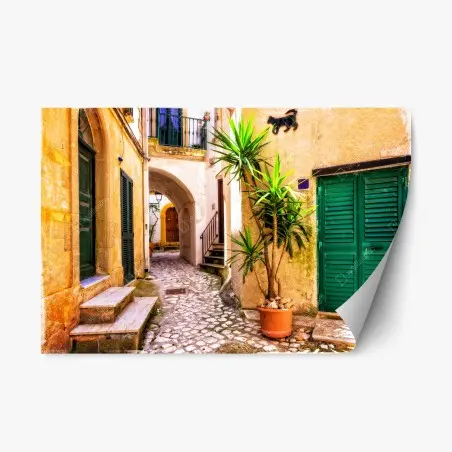 Pegatina reposicionable rincón mediterráneo en calle empedrada – Pixers®