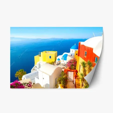 Pegatina reposicionable amanecer en Santorini: cúpulas azules y casas blancas – Pixers®
