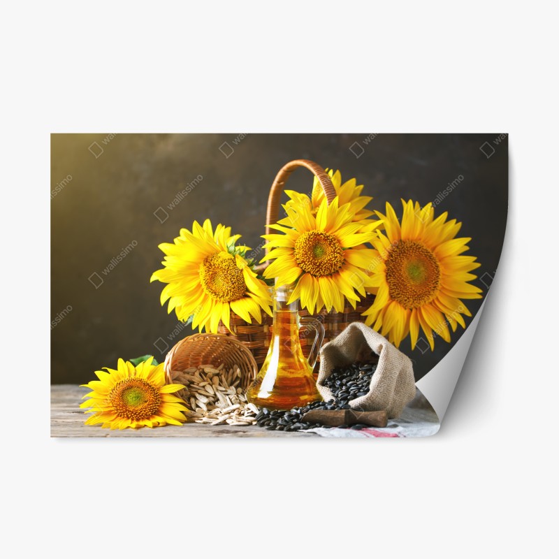 Pegatina reposicionable girasoles y semillas: composición rústica y soleada