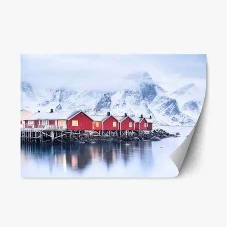 Pegatina reposicionable amanecer en Lofoten: cabañas rojas sobre el fiordo – Pixers®