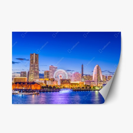 Pegatina reposicionable silueta iluminada de Yokohama al crepúsculo – Pixers®
