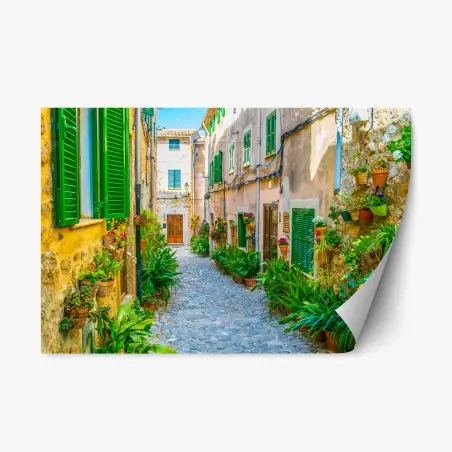Pegatina reposicionable calle empedrada con macetas y persianas verdes – Pixers®