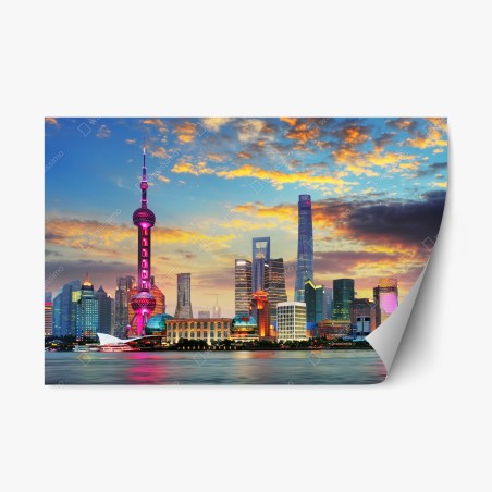 Pegatina reposicionable atardecer vibrante sobre el horizonte de Shanghai – Pixers®