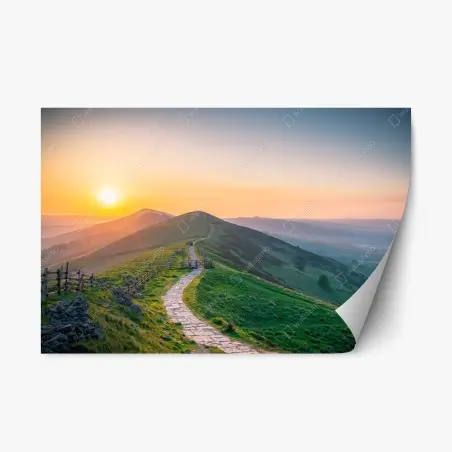 Pegatina reposicionable amanecer sobre colinas y sendero de piedra – Pixers®