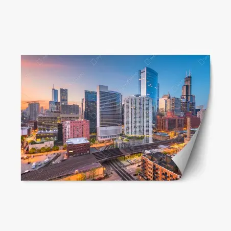 Pegatina reposicionable atardecer sobre el skyline de Chicago – Pixers®