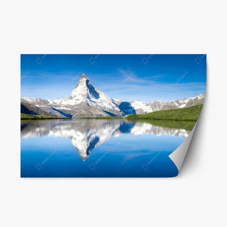 Pegatina reposicionable reflejo de pico nevado en lago alpino – Pixers®