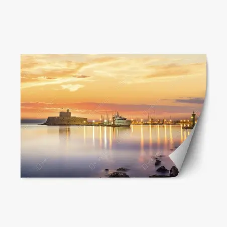 Pegatina reposicionable amanecer dorado en la fortaleza Agios Nikolaos de Mandraki, Rodas – Pixers®