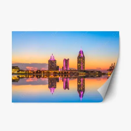Pegatina reposicionable amanecer en Mobile: horizonte urbano reflejado – Pixers®