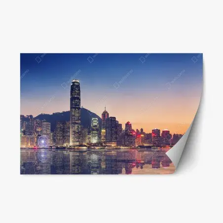 Pegatina reposicionable atardecer en Hong Kong: horizonte iluminado – Pixers®