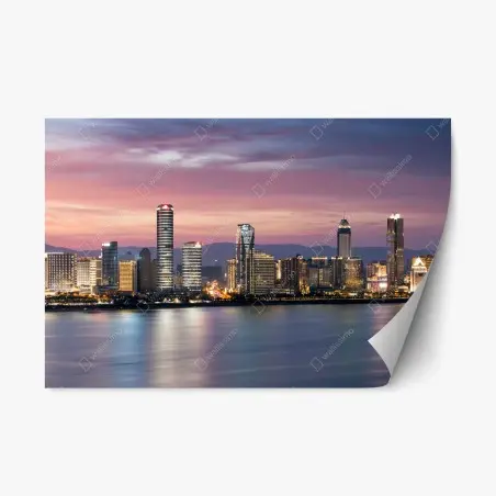 Pegatina reposicionable horizonte urbano al atardecer con reflejos – Pixers®