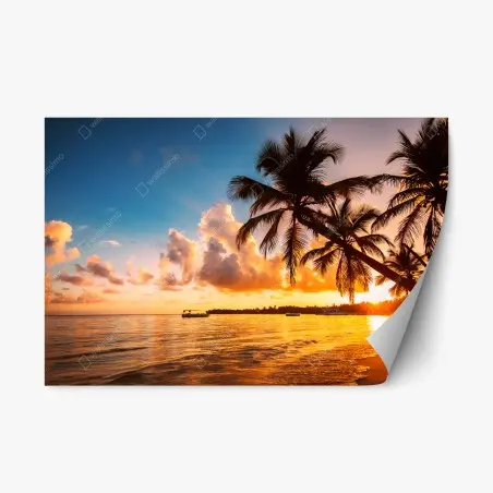 Pegatina reposicionable puesta de sol con palmeras en la playa de República Dominicana – Pixers®