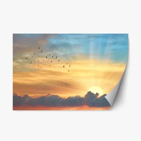 Pegatina reposicionable amanecer dorado con aves en vuelo – Pixers®