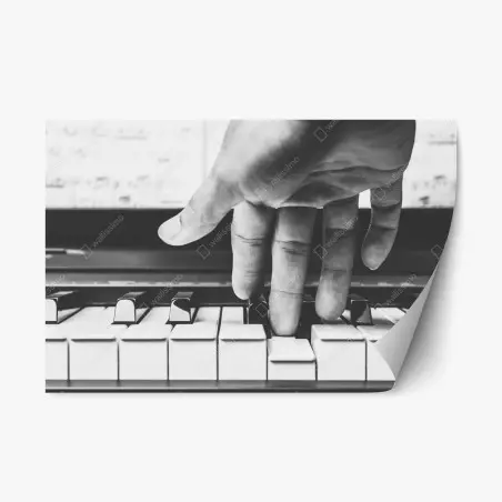 Pegatina reposicionable mano tocando el piano en blanco y negro – Pixers®