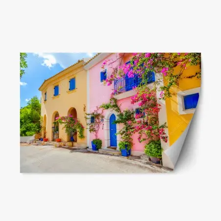 Pegatina reposicionable calle mediterránea de colores en Kefalonia – Pixers®