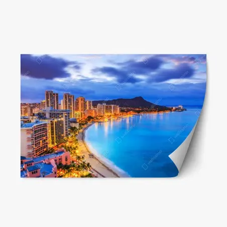 Pegatina reposicionable amanecer en Waikiki con Diamond Head, Honolulu – Pixers®