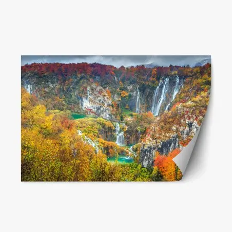 Pegatina reposicionable paisaje de cascadas otoñales en tonos vibrantes – Pixers®