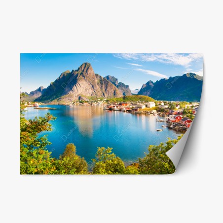 Pegatina reposicionable vistas de fiordo y pueblo costero en Noruega – Pixers®