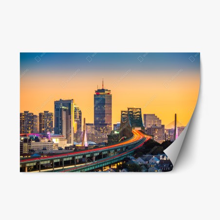 Pegatina reposicionable puesta de sol sobre el puente Tobin y el skyline de Boston – Pixers®