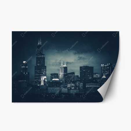 Pegatina reposicionable panorámica nocturna de Chicago en azul oscuro – Pixers®