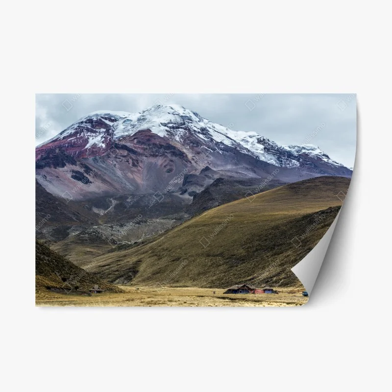 Pegatina reposicionable paisaje montañoso nevado con valle dorado