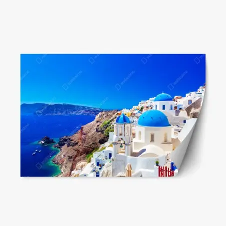 Pegatina reposicionable vistas de Santorini al mar: cúpulas azules y casas blancas – Pixers®