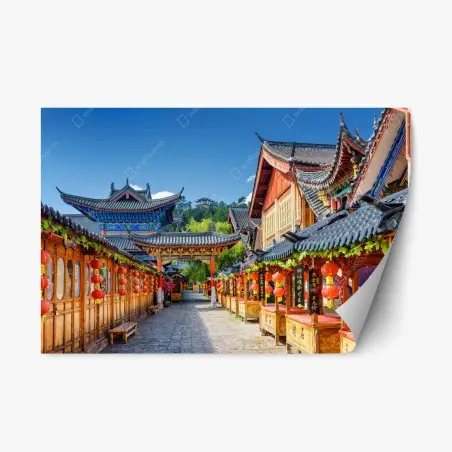 Pegatina reposicionable calle tradicional de Lijiang, China bajo linternas rojas – Pixers®