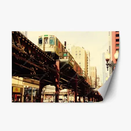 Pegatina reposicionable vibrante escena urbana con tren elevado en Chicago – Pixers®