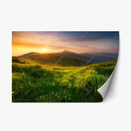 Pegatina reposicionable amanecer dorado en el valle montañoso – Pixers®