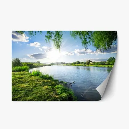 Pegatina reposicionable paisaje ribereño sereno con sol radiante – Pixers®