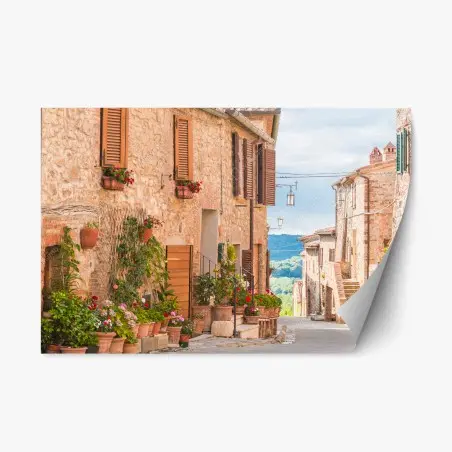 Pegatina reposicionable calle medieval en Toscana con macetas y flores – Pixers®