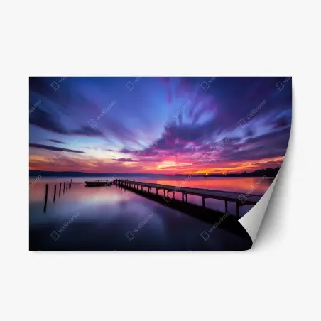 Pegatina reposicionable muelle al atardecer en tonos púrpura y naranja – Pixers®