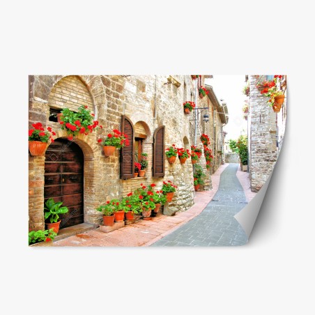 Pegatina reposicionable callejón florido en pueblo rústico – Pixers®
