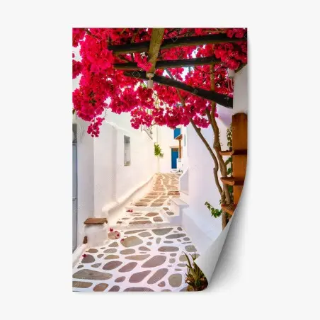 Pegatina reposicionable calle mediterránea con buganvillas rosas – Pixers®