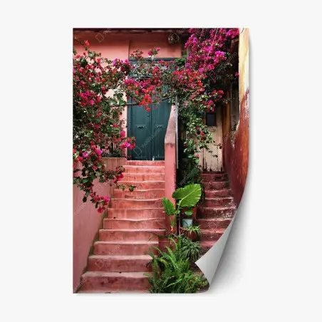 Pegatina reposicionable escalera florida entre muros rosados – Pixers®