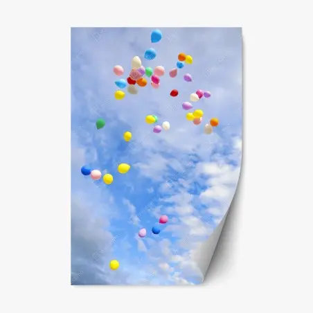 Pegatina reposicionable lluvia de globos sobre cielo azul – Pixers®