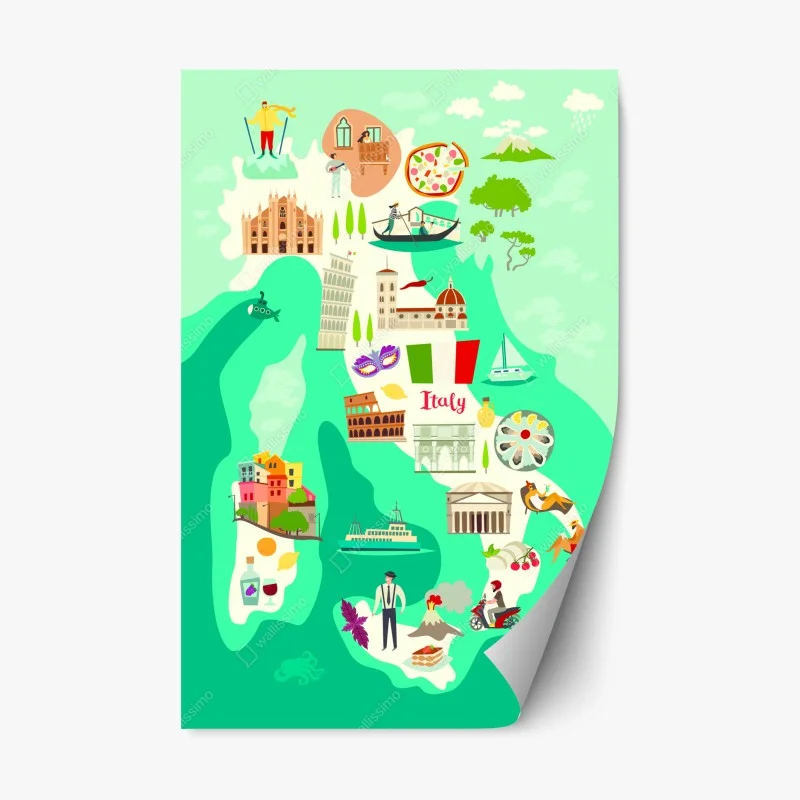Pegatina reposicionable mapa ilustrado de Italia con monumentos y gastronomía